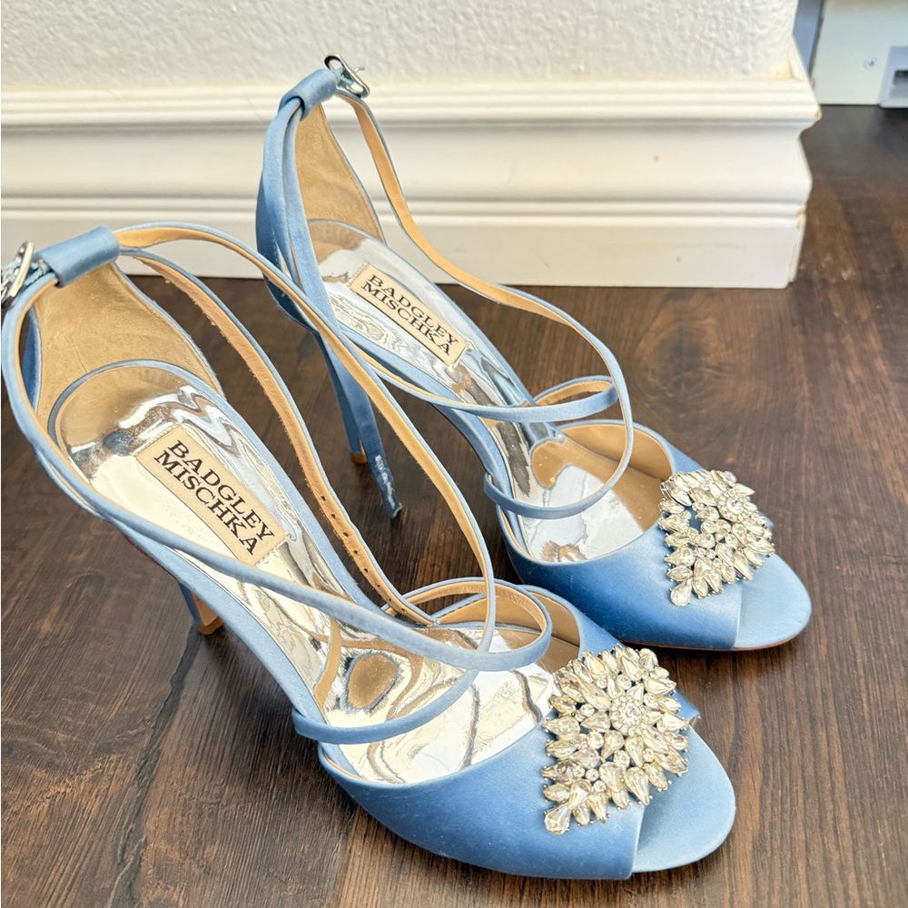 Badgley Mischka Light Blue Satin Heels with Crystal Embellishment